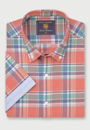 Regular Fit Salmon Check Slub Cotton Short Sleeve Shirts