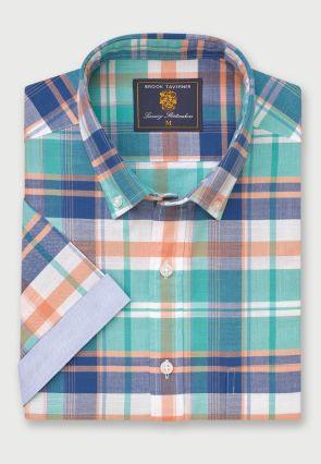 Regular Fit Mint Check Slub Cotton Short Sleeve Shirts