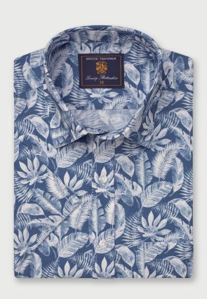 Regular Fit Blue Botanical Palm Print Slub Cotton Short Sleeve Shirt