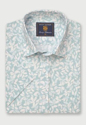 Regular Fit Mint Botanical Leaf Print Slub Cotton Short Sleeve Shirt