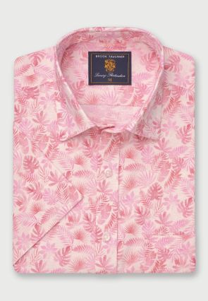 Regular Fit Pink Botanical Palm Print Slub Cotton Short Sleeve Shirt