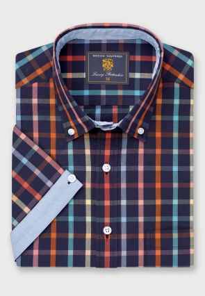 Regular Fit Navy Check 'Portofino' Short Sleeve Shirt