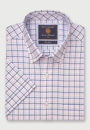 Regular Fit Pink Tattersall Check Oxford Cotton Short Sleeve Shirt