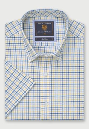 Regular Fit Lemon Tattersall Check Oxford Cotton Short Sleeve Shirt