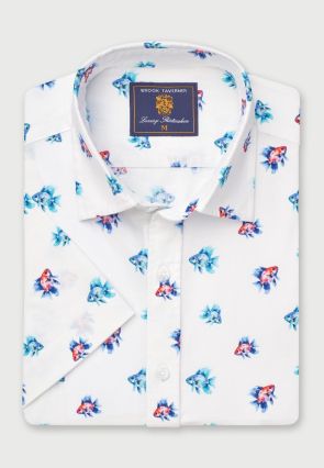 Regular Fit Aqua Tropical Fish Print Short Sleeve Shirt