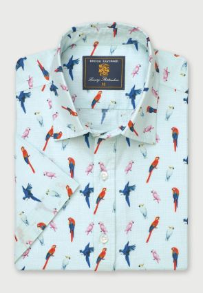 Regular Fit Mint Parrot Print Short Sleeve Shirt