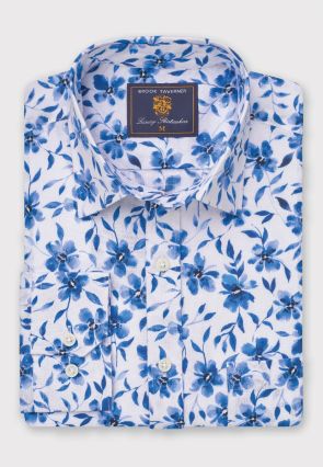 Regular Fit Blue Large Floral Watercolour Linen Cotton Shirt