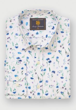Regular Fit Blue Wildflower Watercolour Linen Cotton Shirt