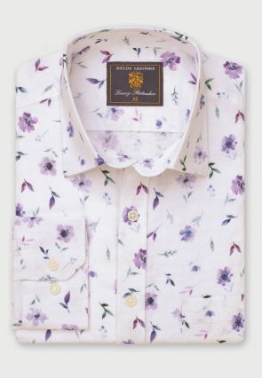 Regular Fit Lilac Poppy Watercolour Linen Cotton Shirt