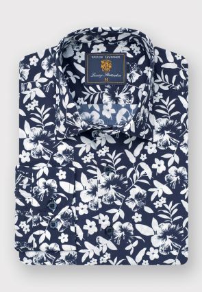 Regular Fit Navy Floral Silhouette Cotton Shirt