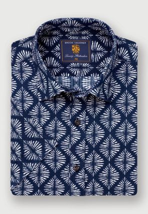 Regular Fit Navy Geometric Print Seersucker Short Sleeve Shirt