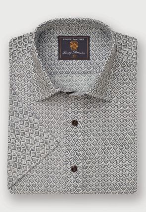 Regular Fit Khaki Geometric Print Seersucker Short Sleeve Shirt