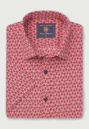 Regular Fit Wine Geometric Print Slub Cotton Short Sleeve Shirt