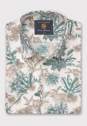 Regular Fit Khaki Tiger Tropical Print Short Sleeve Shirt