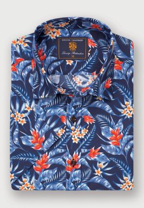 Regular Fit Navy Bird of Paradise Tropical Print Short Sleeve Shirt