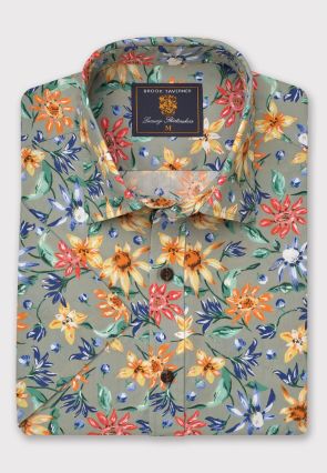 Regular Fit Sage Retro Tropical Print Short Sleeve Shirt