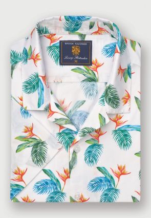 Regular Fit White Watercolour Tropical Revere Collar Short Sleeve Shirt