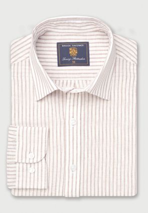 Regular Fit Taupe Stripe Pure Linen Shirt