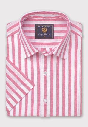Regular Fit Magenta Stripe Pure Linen Short Sleeve Shirt