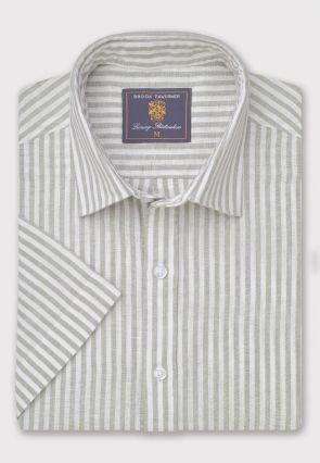 Regular Fit Khaki Stripe Pure Linen Short Sleeve Shirt