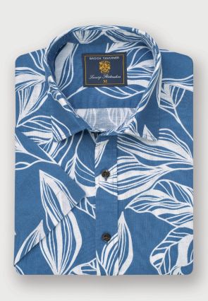 Regular Fit Blue Leaf Print Linen Cotton Short Sleeve Shirt