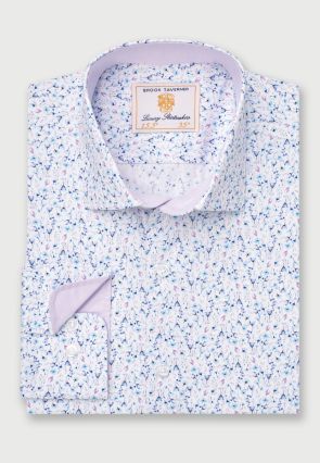 Tailored Fit Blue Ditsy Floral Print Stretch Cotton Shirt