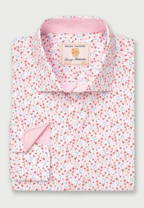Tailored Fit Pink Ditsy Floral Print Stretch Cotton Shirt
