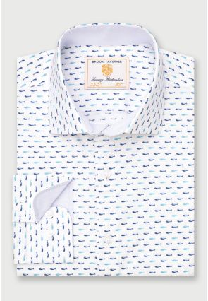 Tailored Fit Turquoise Tiny Fish Print Stretch Cotton Shirt