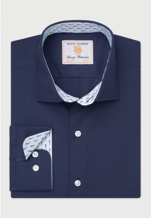 Regular Fit Navy Herringbone Stretch Cotton Shirt