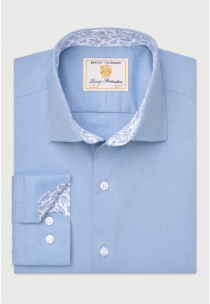 Tailored Fit Blue Herringbone Stretch Cotton Shirt