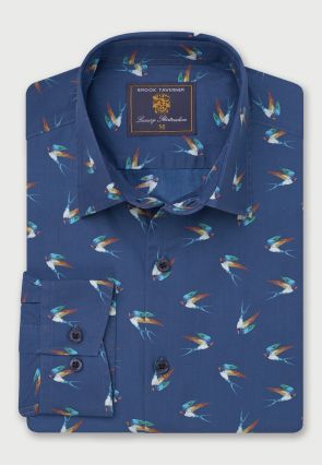 Regular Fit Navy Swallow Print Cotton Shirt