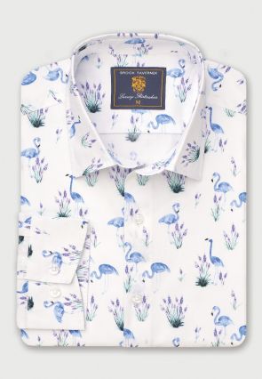 Regular Fit White Flamingo Print Cotton Shirt