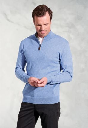 Sussex Sky Blue Cotton Merino Zip Neck Jumper