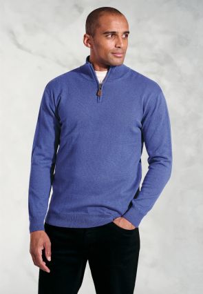Sussex Electric Blue Cotton Merino Zip Neck Jumper