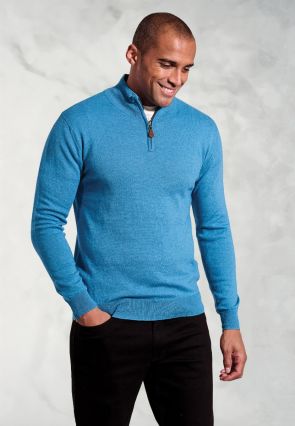 Sussex Sea Blue Cotton Merino Zip Neck Jumper