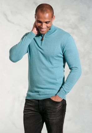 Sussex Aqua Cotton Merino Zip Neck Jumper