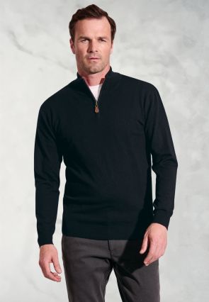 Sussex Black Cotton Merino Zip Neck Jumper