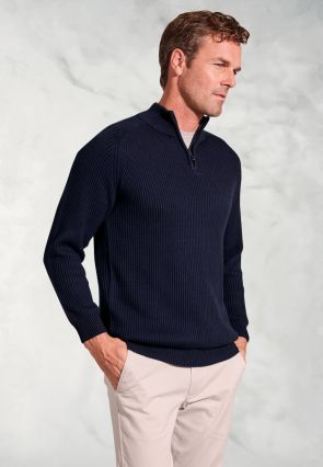 Wayne Navy Rib Knit Zip Neck Jumper