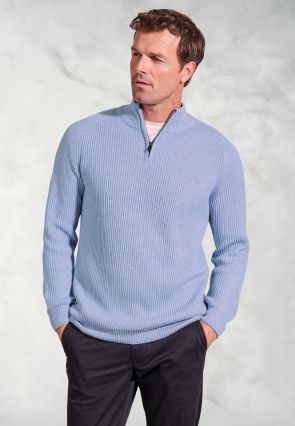 Wayne Sky Blue Rib Knit Zip Neck Jumper
