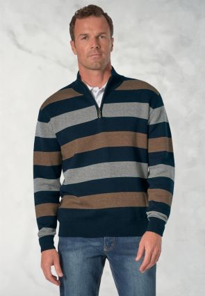 Woodbridge Navy Stripe Zip Neck Cotton Jumper