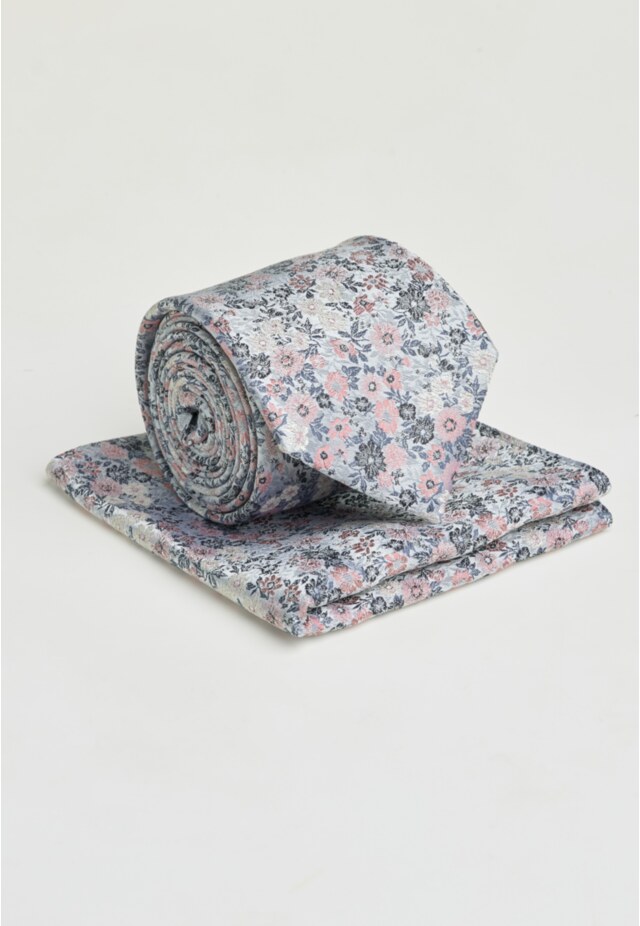 Pink and Blue Ditsy Floral Pure Silk Tie and Pocket Square Set