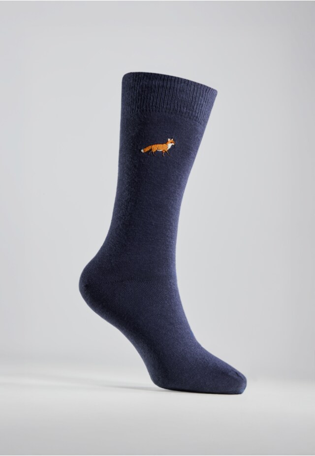 Navy Fox Embroidered Socks