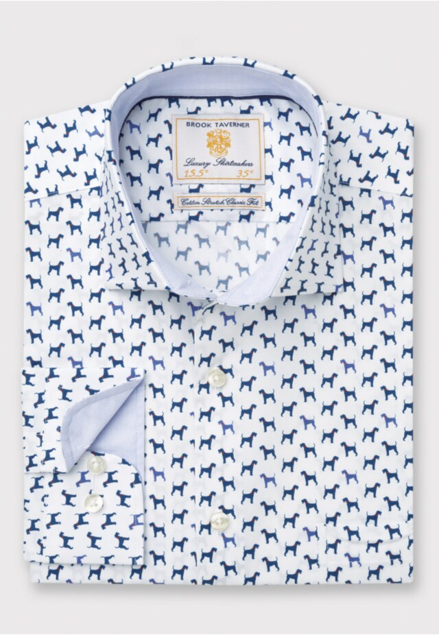 Regular Fit Navy Terrier Print Stretch Cotton Shirt