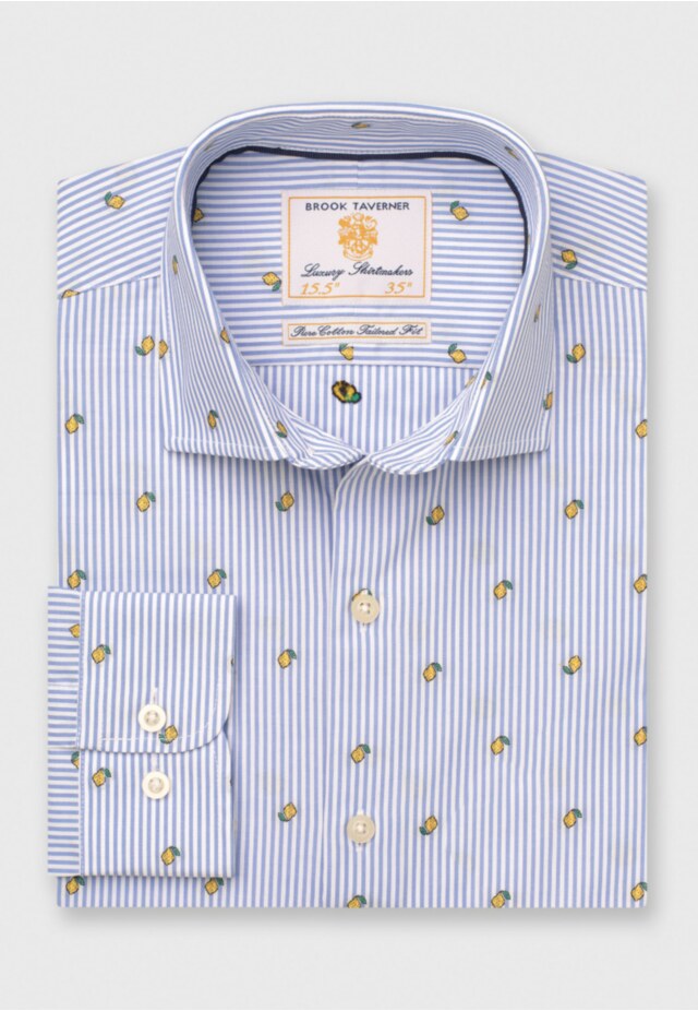 Tailored Fit Blue Stripe with Lemons Print Cotton Shirt