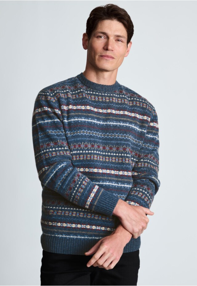 Holywell Blue Fairisle Lambswool Blend Crew Neck Jumper