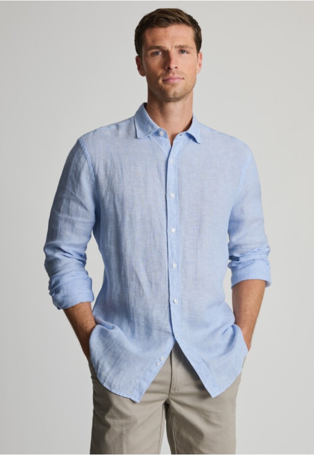 Regular Fit Light Blue Pure Linen Stripe Shirt