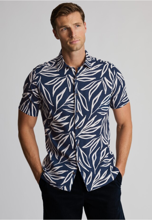 Regular Fit Navy Oversized Leaf Print Linen Cotton Short Sleeve Shirt