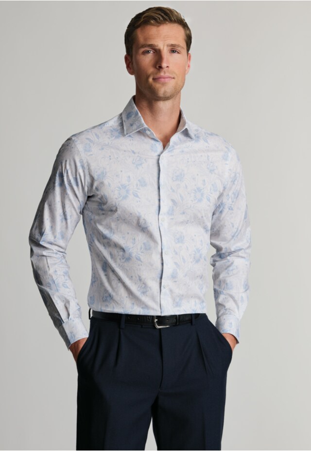 Tailored Fit Sky Blue Ornate Floral Print Stretch Cotton Shirt