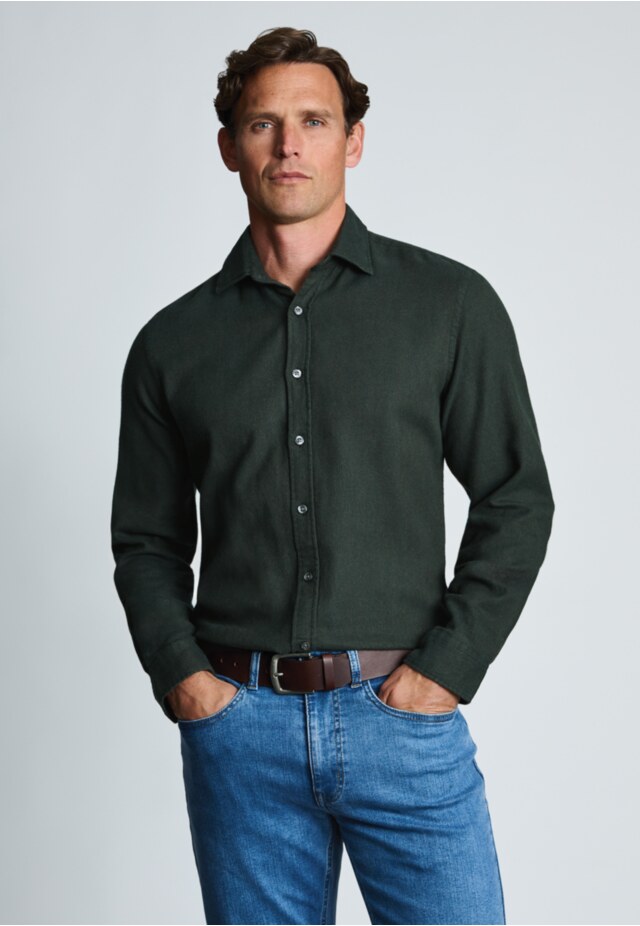 Regular Fit Khaki Herringbone Brushed Cotton Shirt