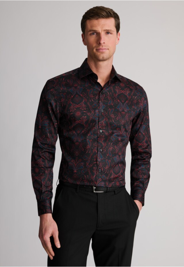 Tailored Fit Black and Red Paisley Print Cotton Shirt